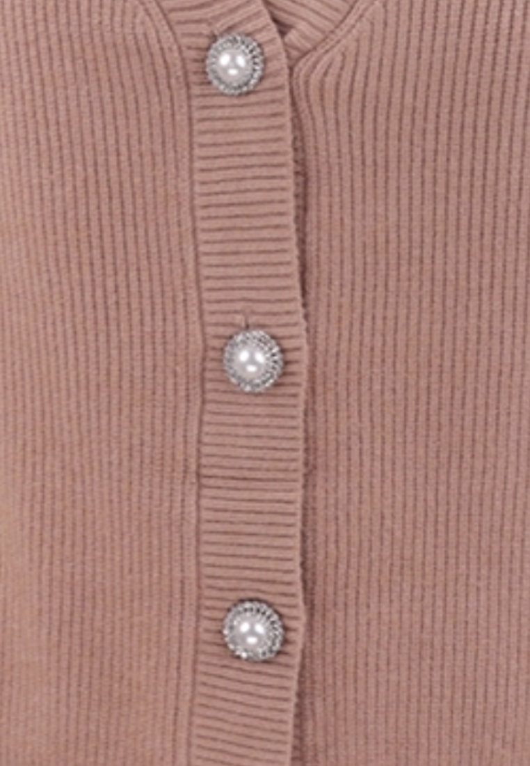 Falio brown ribbed knit cardigan featuring a V-neck and decorative pearl buttons with crystal accents