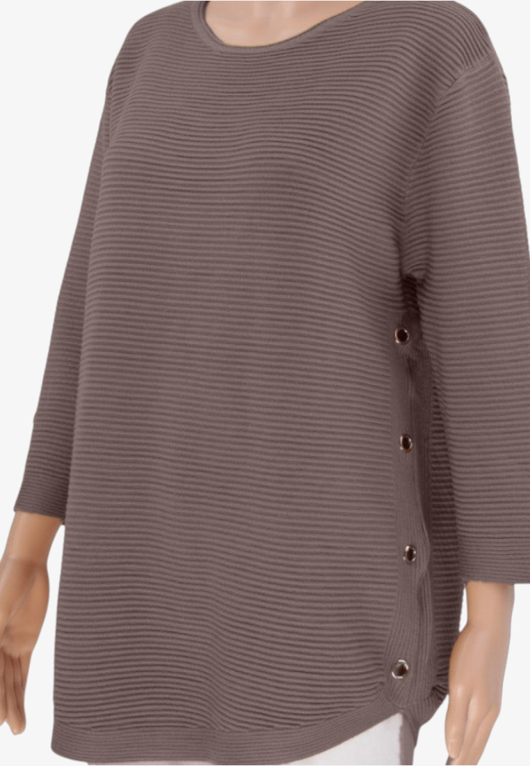 Falio brown ribbed knit sweater with round neck, long sleeves, and decorative side buttons on a mannequin