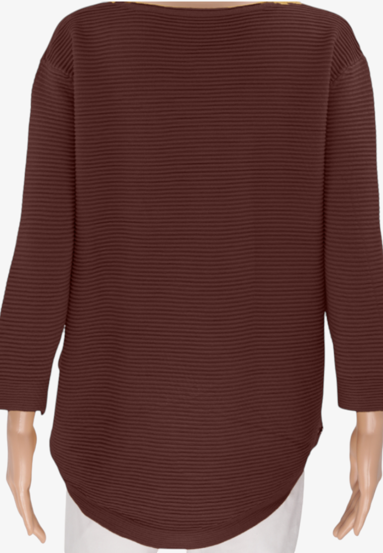 Falio brown ribbed knit sweater with a round neckline and long sleeves on a mannequin