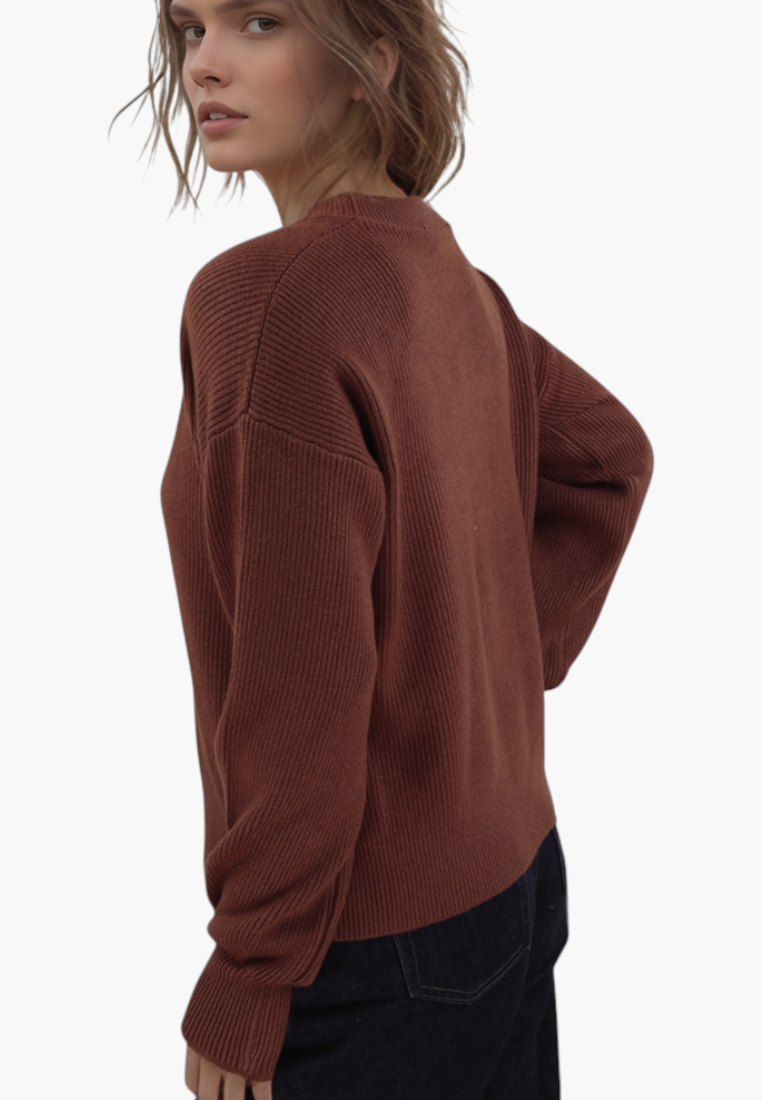 Model wearing a Falio brown ribbed knit sweater with long sleeves, viewed from the side against a white background.