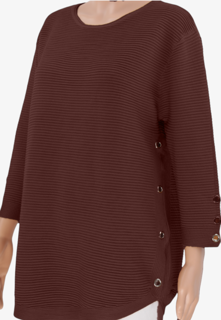 Falio brown ribbed knit sweater with round neckline, long sleeves, and decorative side metal eyelet details.
