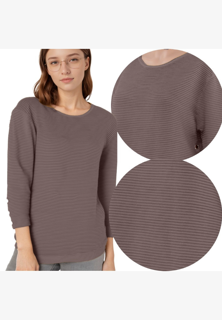 Falio women's long-sleeve sweater in brown with a ribbed texture and round neckline worn by a model