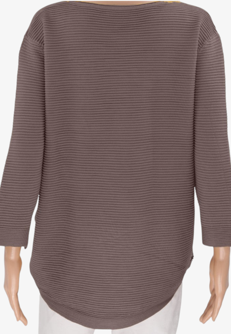 Falio women's brown ribbed long-sleeve sweater with a rounded hem, back view on a mannequin