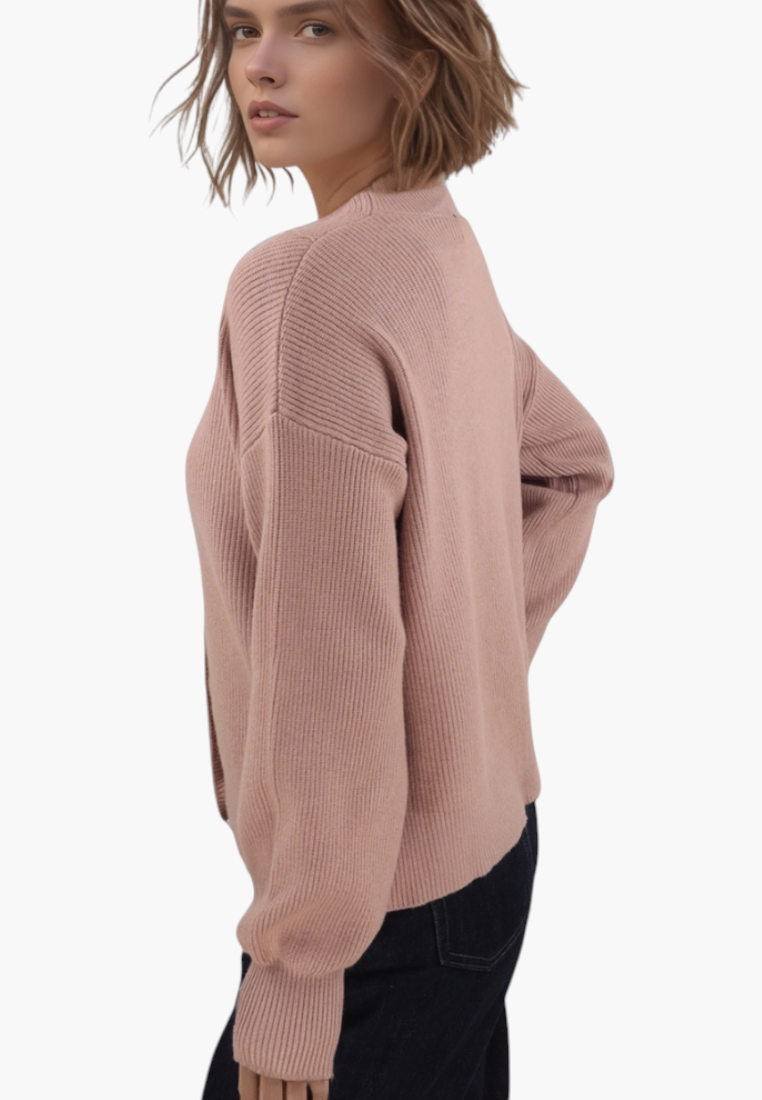 Falio brown ribbed viscose blend cardigan with a V-neck and button closure worn by a model in a side profile view.