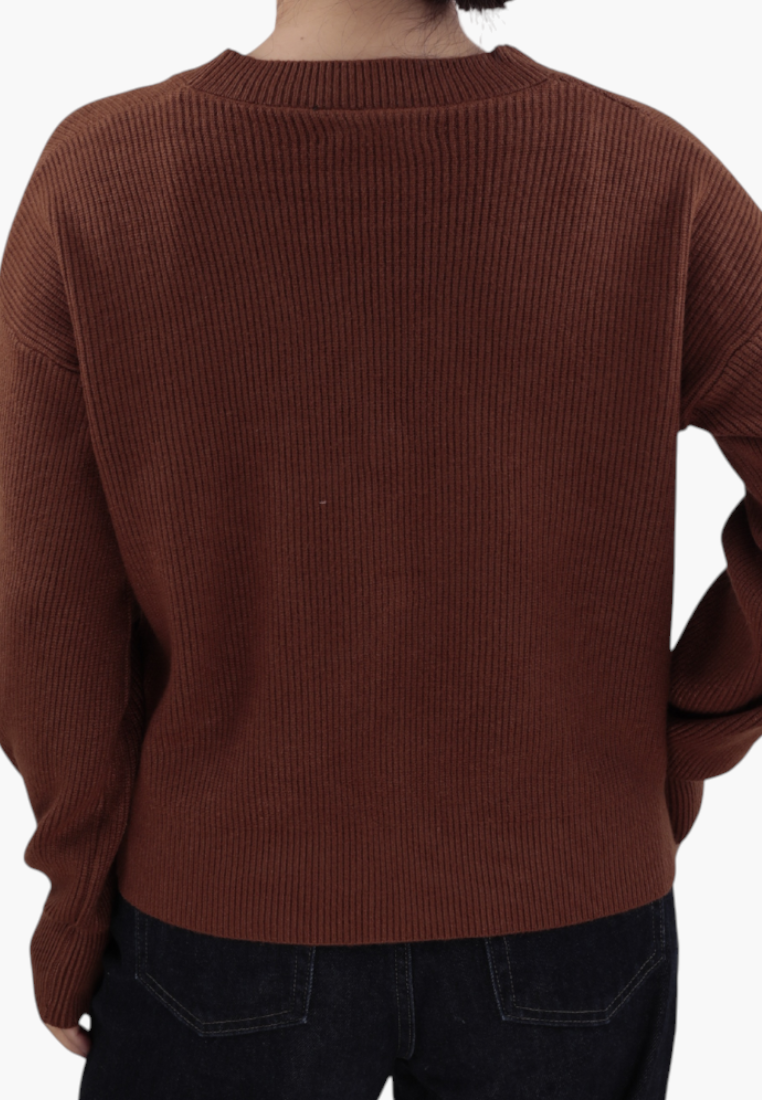 Falio brown ribbed viscose sweater with long sleeves worn by a model, back view
