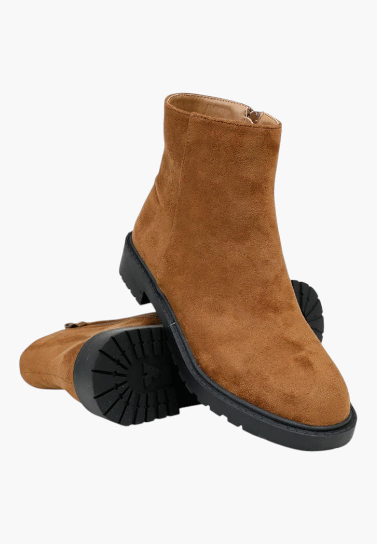 Falio brown suede ankle boots with a chunky black lug sole and side zipper closure