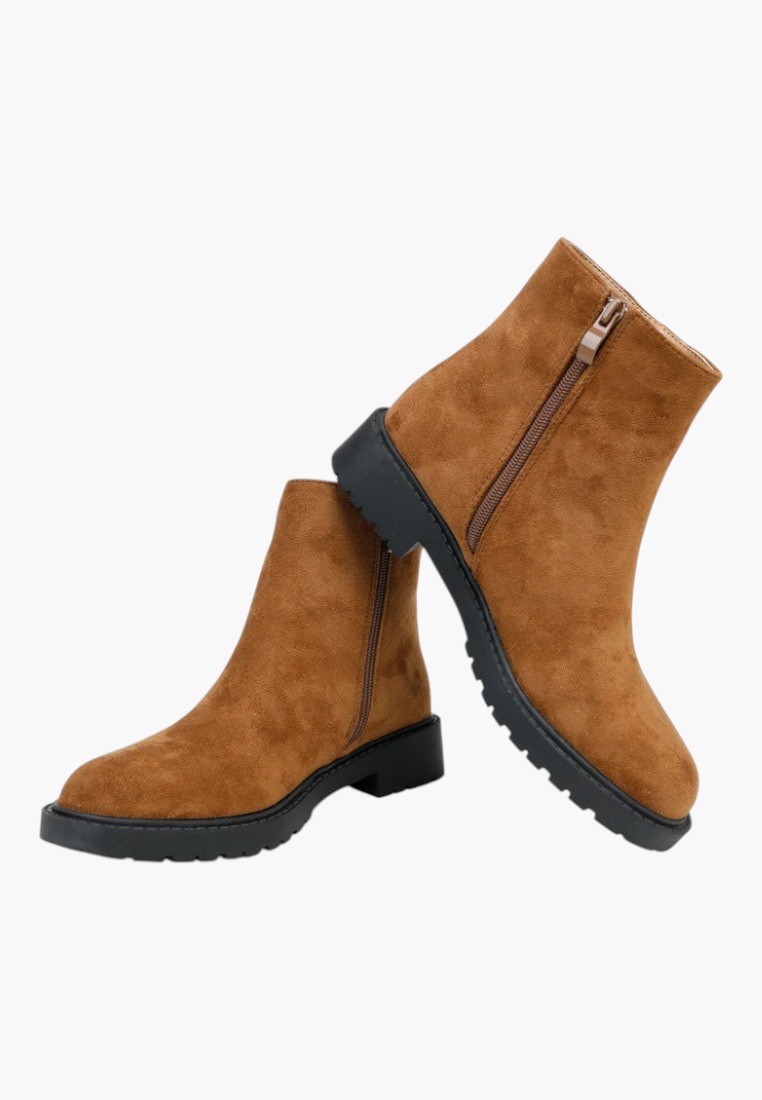 Falio brown suede ankle boots with side zippers and chunky black lug soles