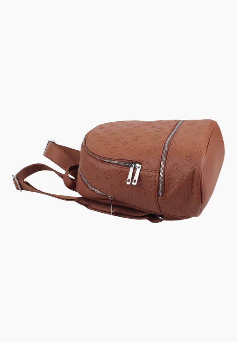 Falio brown urban women's backpack with embossed pattern and silver zippers, lying on its side.