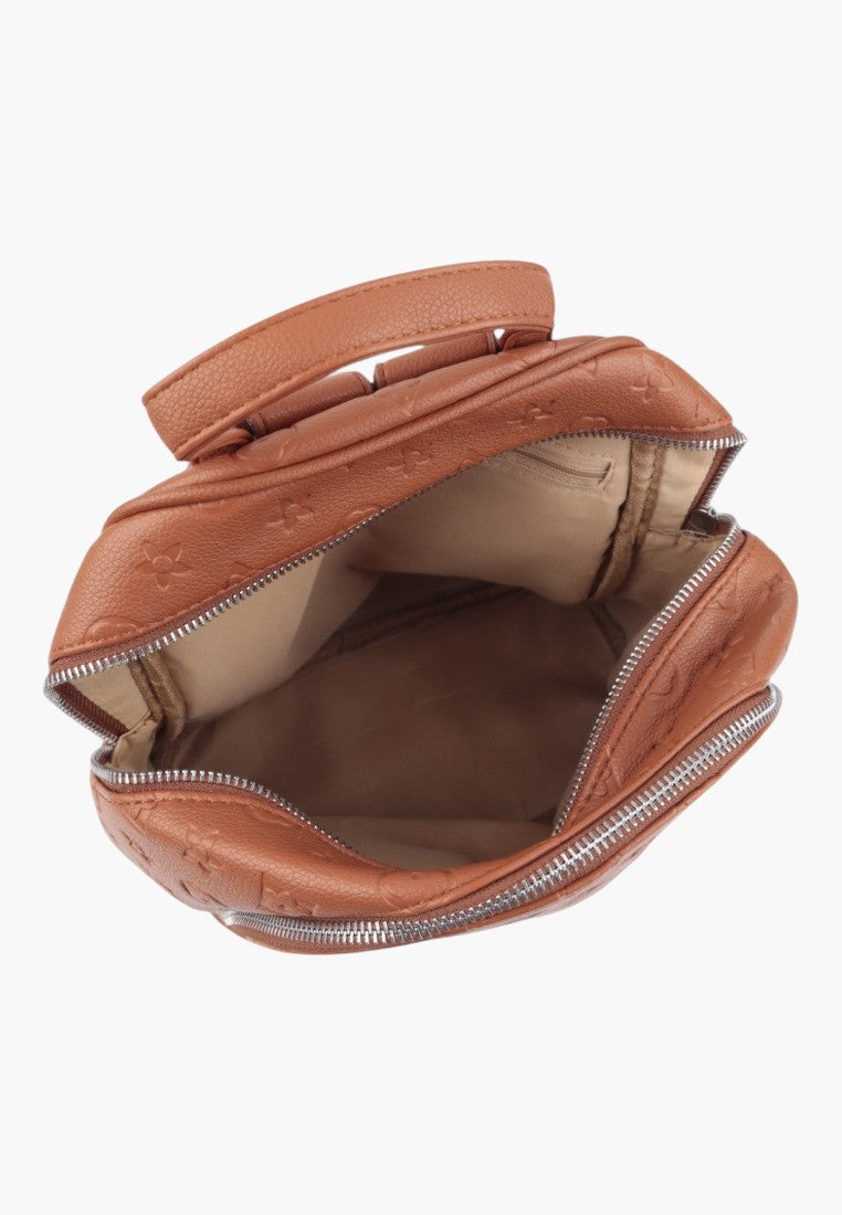 Falio brown urban women's backpack with embossed floral pattern and open zippered main compartment