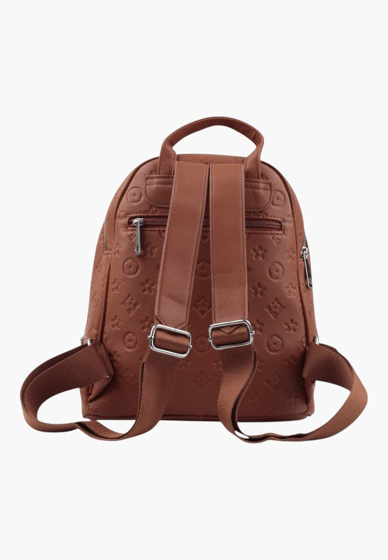 Falio brown urban women's backpack with embossed floral pattern and adjustable straps, back view