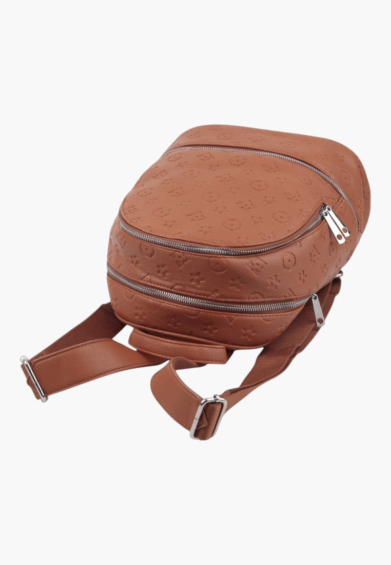 Falio brown urban women's backpack with embossed pattern, multiple zippered compartments, and adjustable straps.
