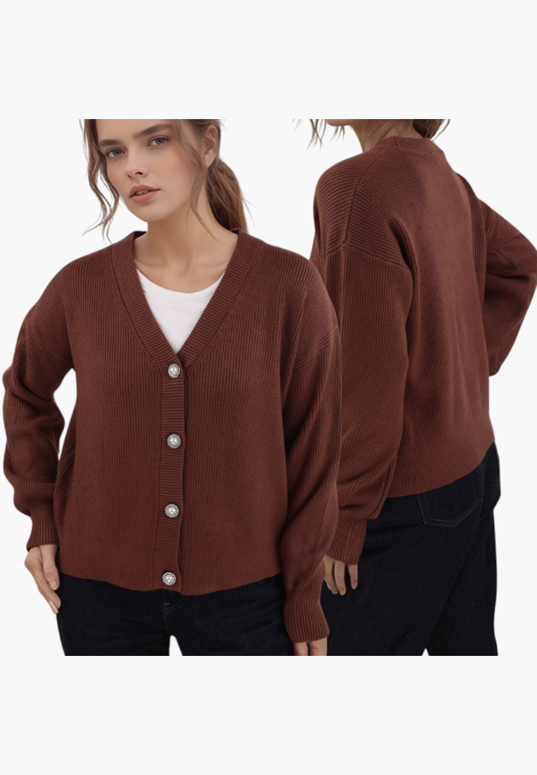 Falio brown button-up viscose cardigan with V-neck worn by a model, featuring a ribbed knit and long sleeves.