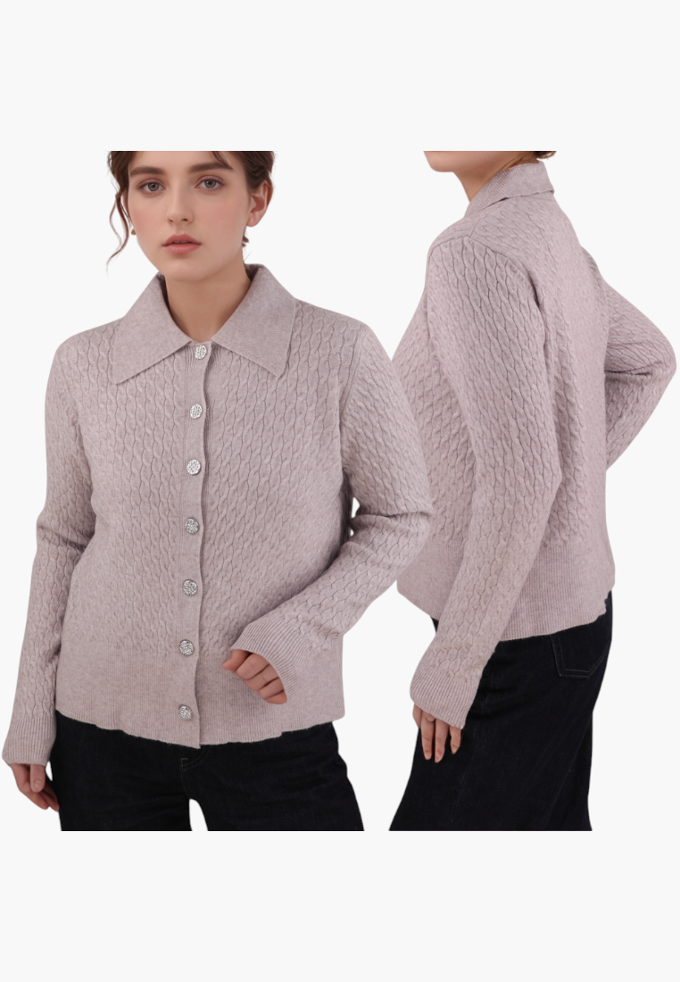 Falio brown button-up viscose blend cardigan with a classic collar and textured cable knit pattern