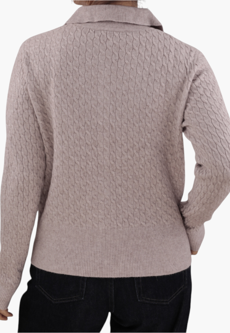 Falio brown viscose blend cardigan with a cable knit texture and long sleeves, shown from the back.