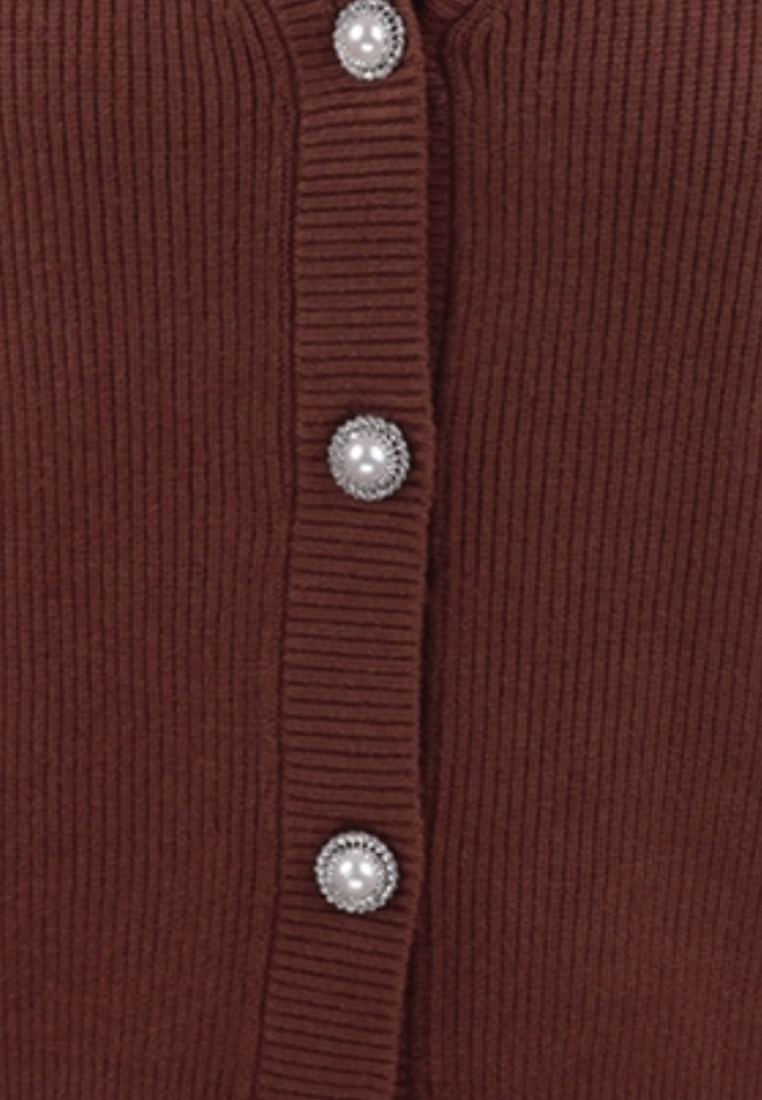 Falio brown viscose cardigan with ribbed texture and decorative pearl-style buttons in a button-down front closure.