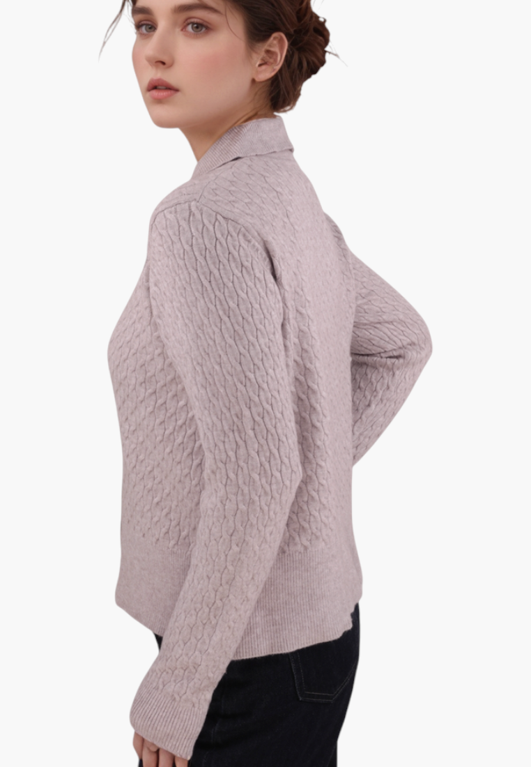 Falio brown button-up viscose blend cardigan with cable knit texture and long sleeves worn by a woman