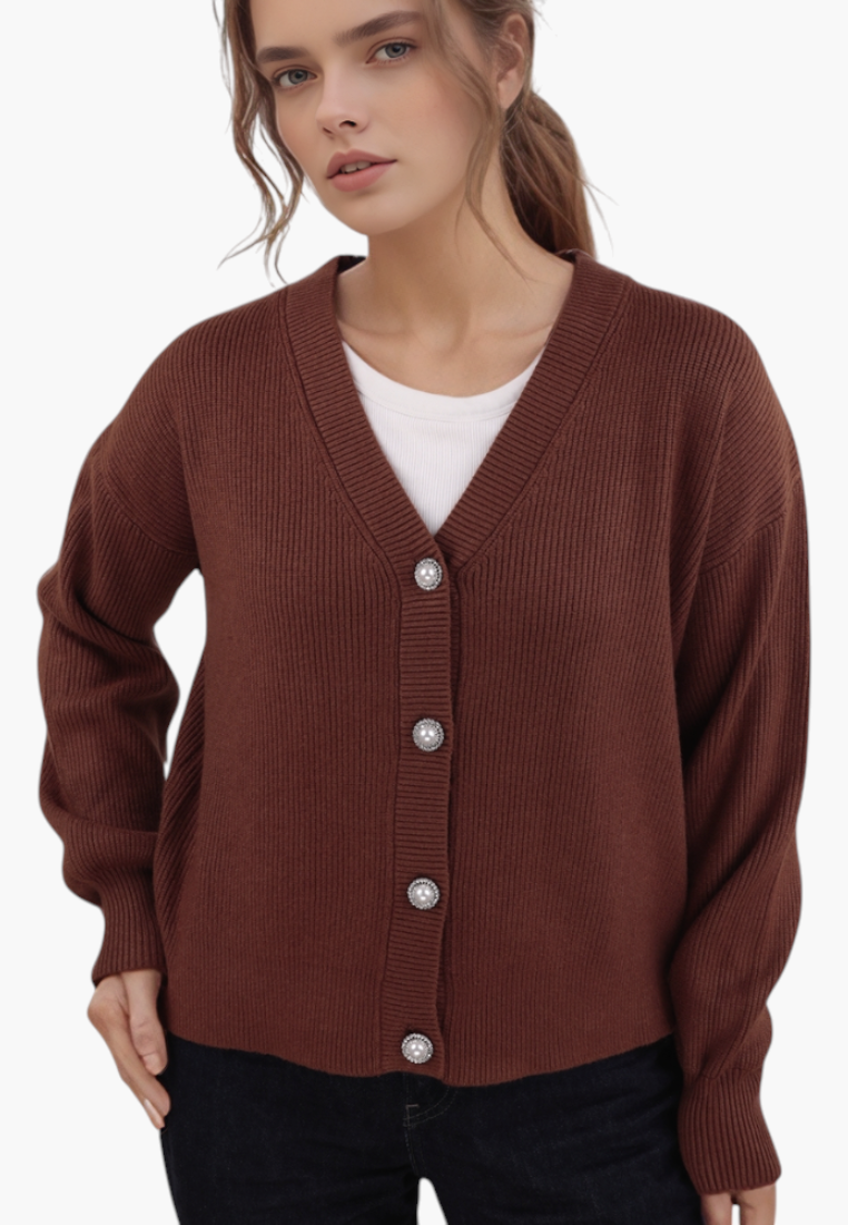 Falio brown viscose cardigan with V-neck, button-up front, and ribbed texture worn by a model.