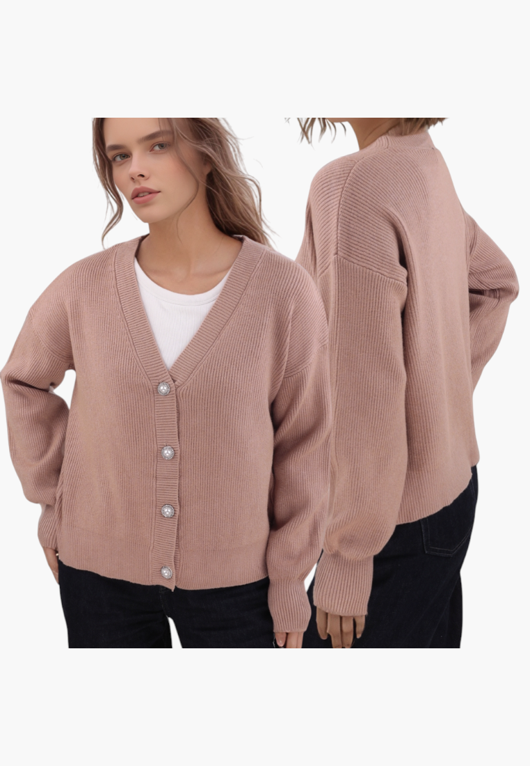 Falio brown viscose blend cardigan with V-neck, button closure, and long sleeves worn by a model