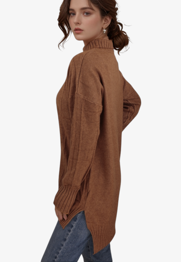 Model wearing a brown Falio plus size viscose blend sweater with a mock neck and long sleeves, side view.