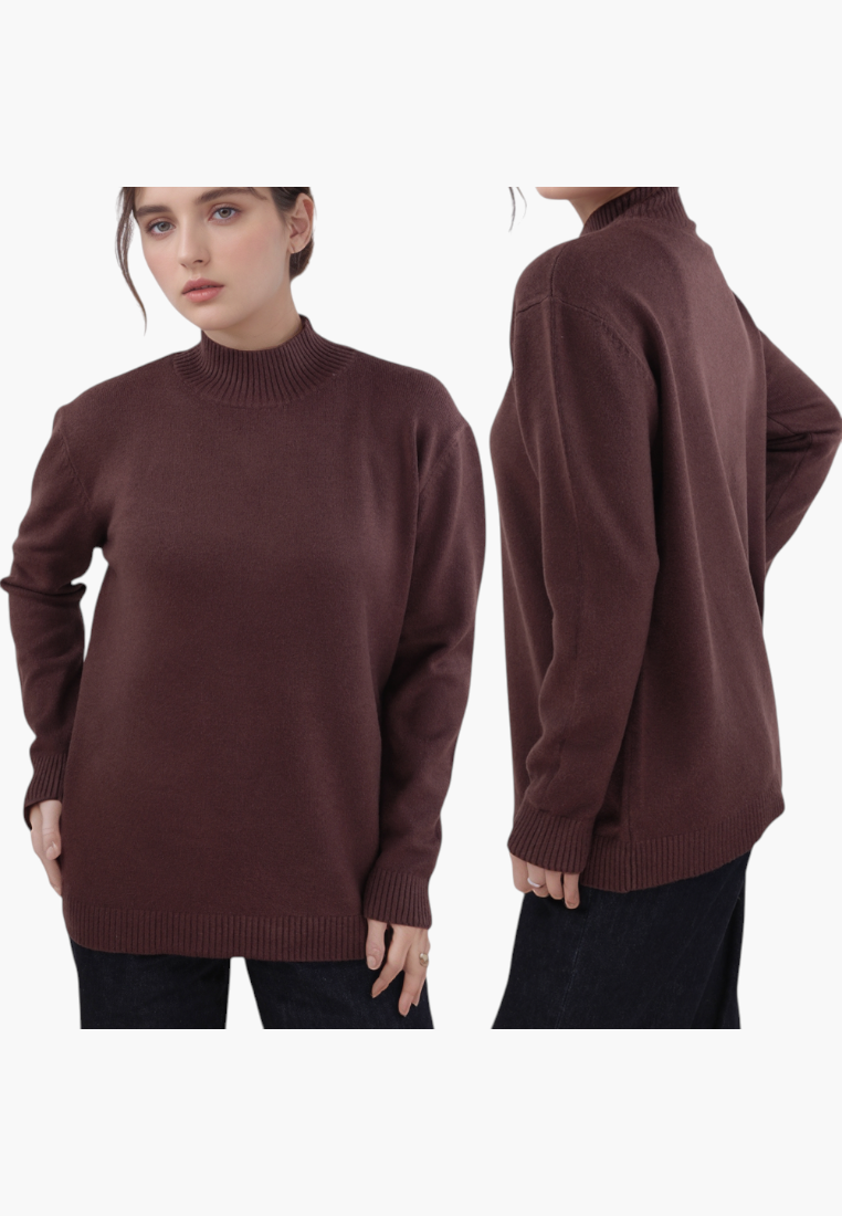 Falio plus size brown viscose blend sweater with a mock neck and long sleeves worn by a model