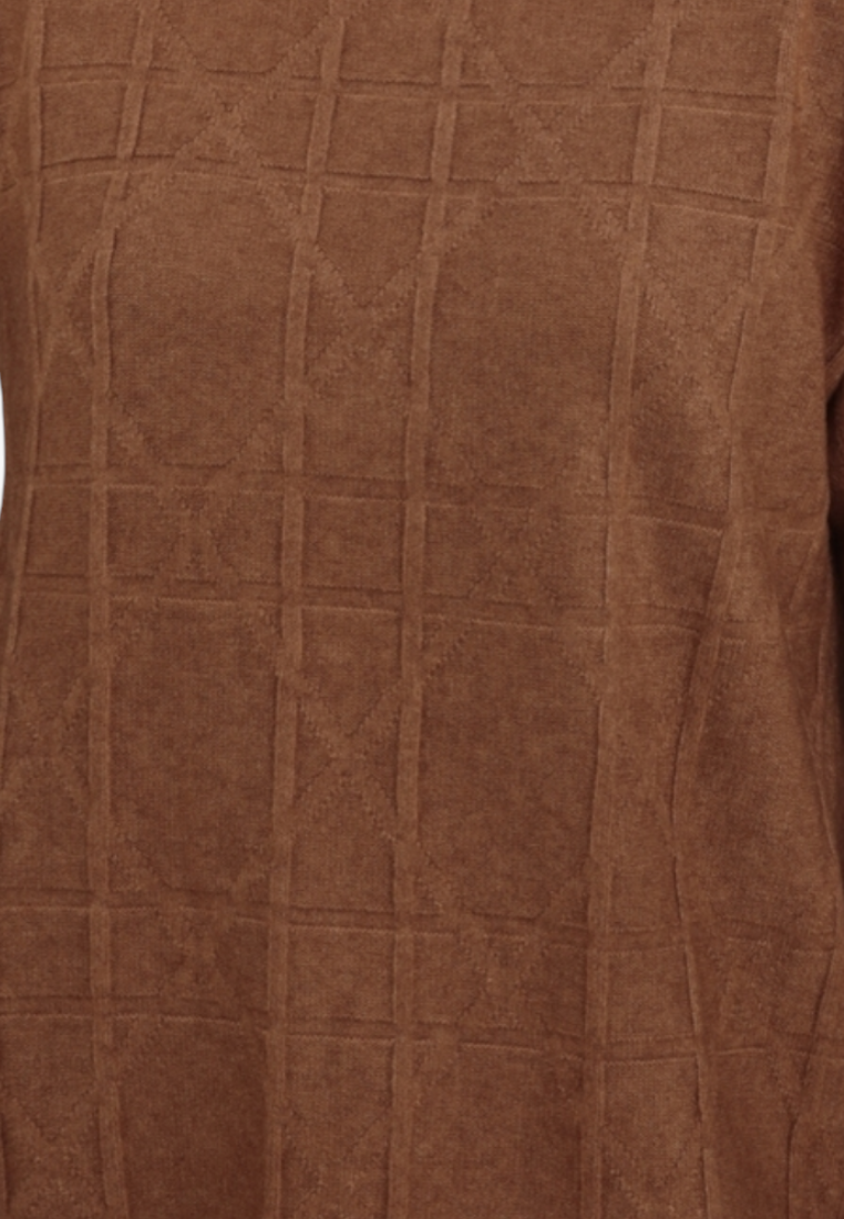 Falio brown plus size viscose blend sweater with a mock neck and textured grid pattern