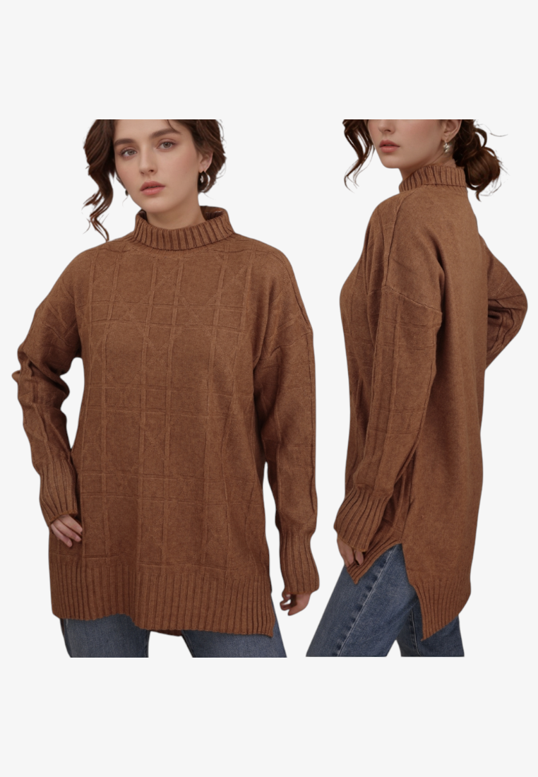 Falio brown viscose blend sweater with a mock neck, long sleeves, and a textured grid pattern on a model.