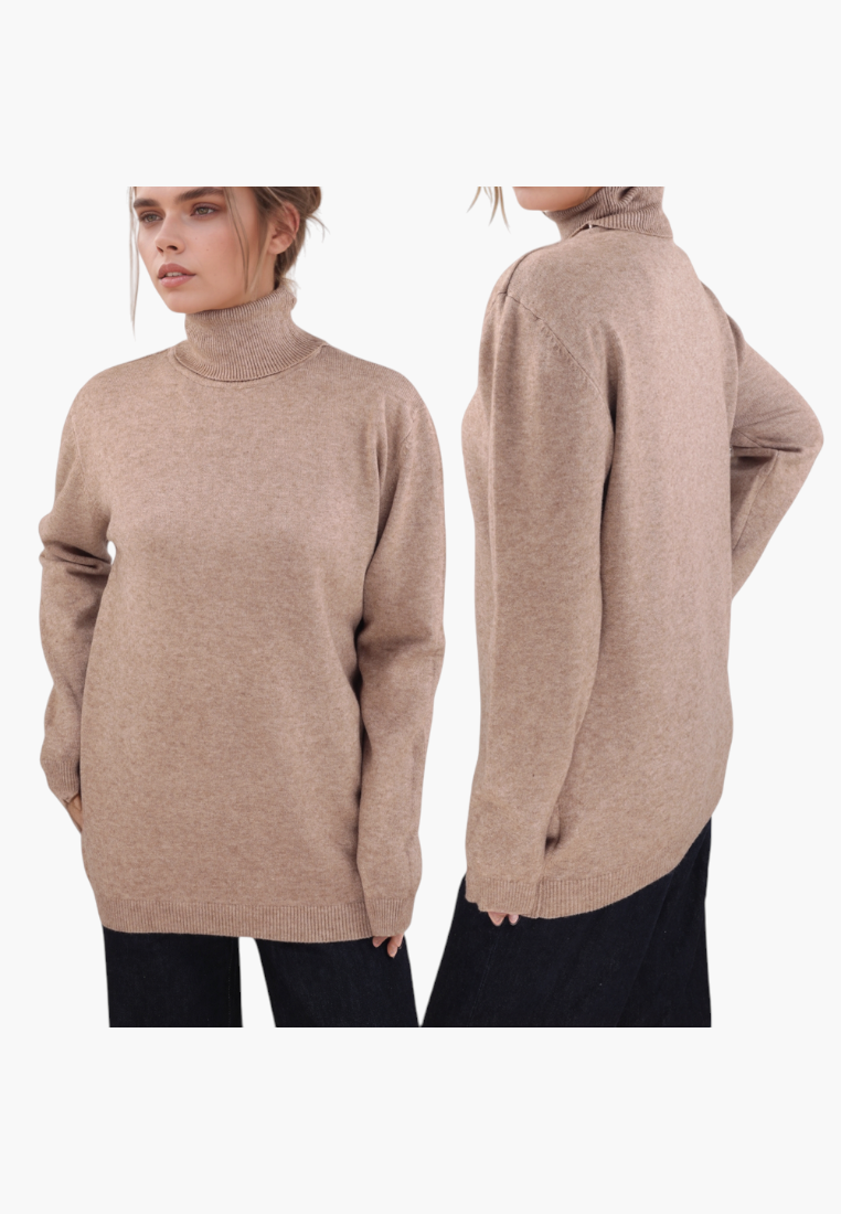 Falio brown viscose blend long sleeve sweater with a mock neck worn by a model, front and side view.