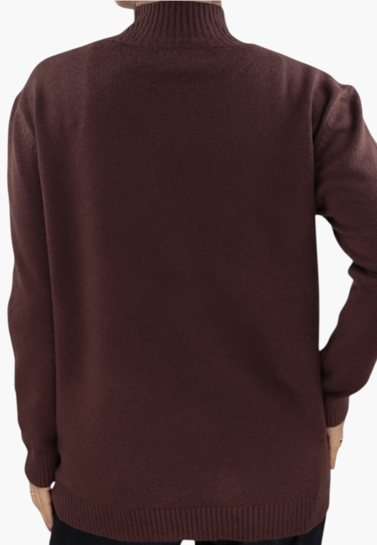 Falio brown plus size viscose sweater with a mock neck and long sleeves, back view on a model