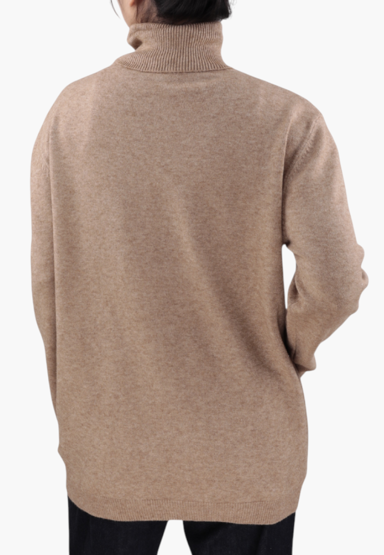 Back view of a Falio brown viscose blend sweater with a mock neck and long sleeves on a model