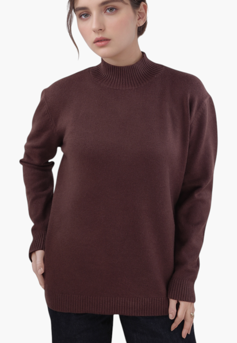 Falio plus size brown viscose sweater with a mock neck and long sleeves worn by a model against a white background