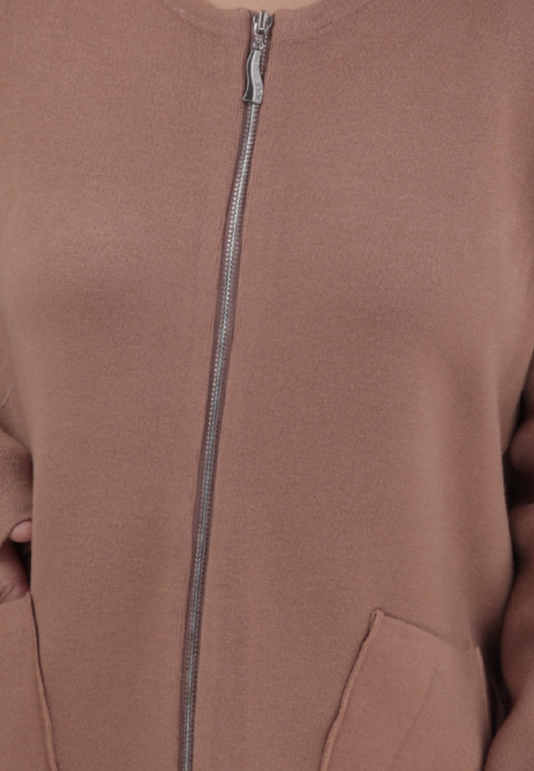 Falio plus size brown viscose sweater with a full-length front zipper, round neckline, and two side pockets.
