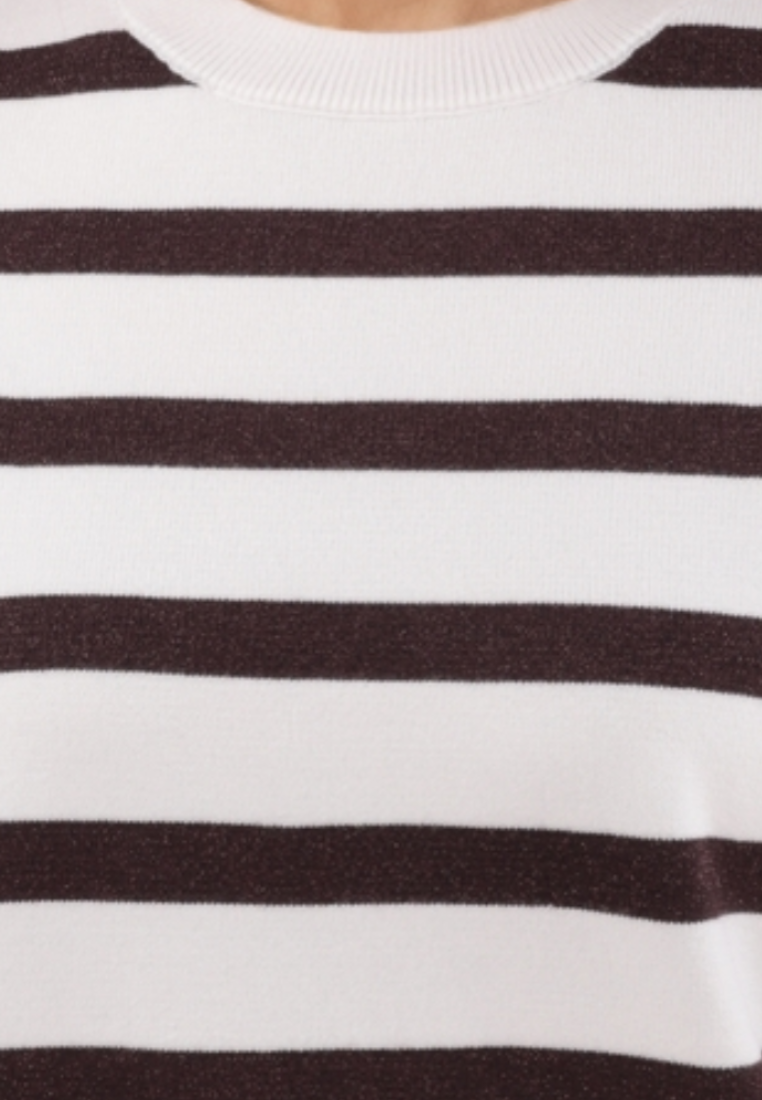 Falio women's long sleeve sweater in brown and white horizontal stripes with a classic round neckline