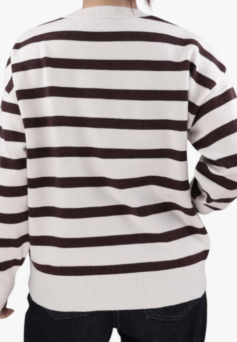 Falio women's long-sleeve sweater in a brown and white striped viscose blend with a classic crew neck back view
