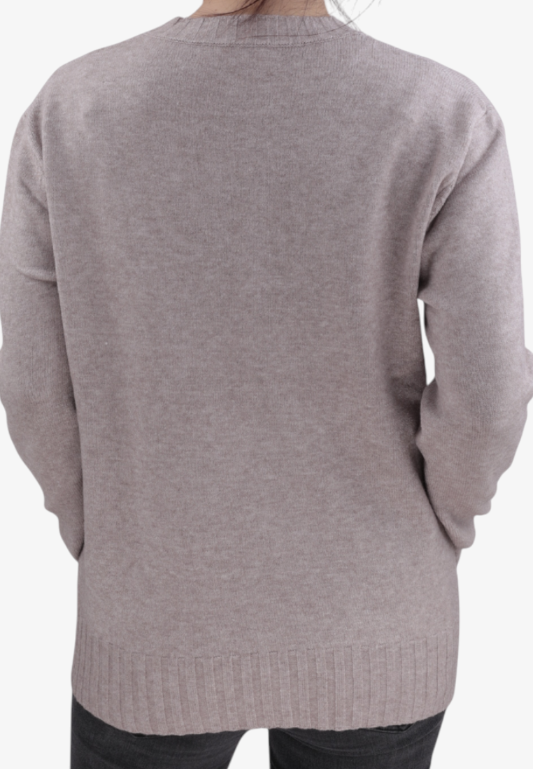 Falio brown wool-blend long-sleeve sweater with a crew neck, shown from the back on a model.
