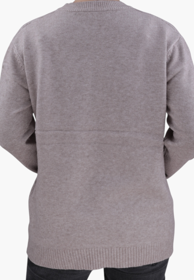 Back view of a Falio brown wool-blend sweater with a crew neck and long sleeves worn by a woman.