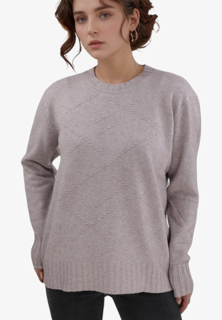 Falio brown wool-blend sweater with long sleeves, round neckline, and subtle diamond-patterned knit texture