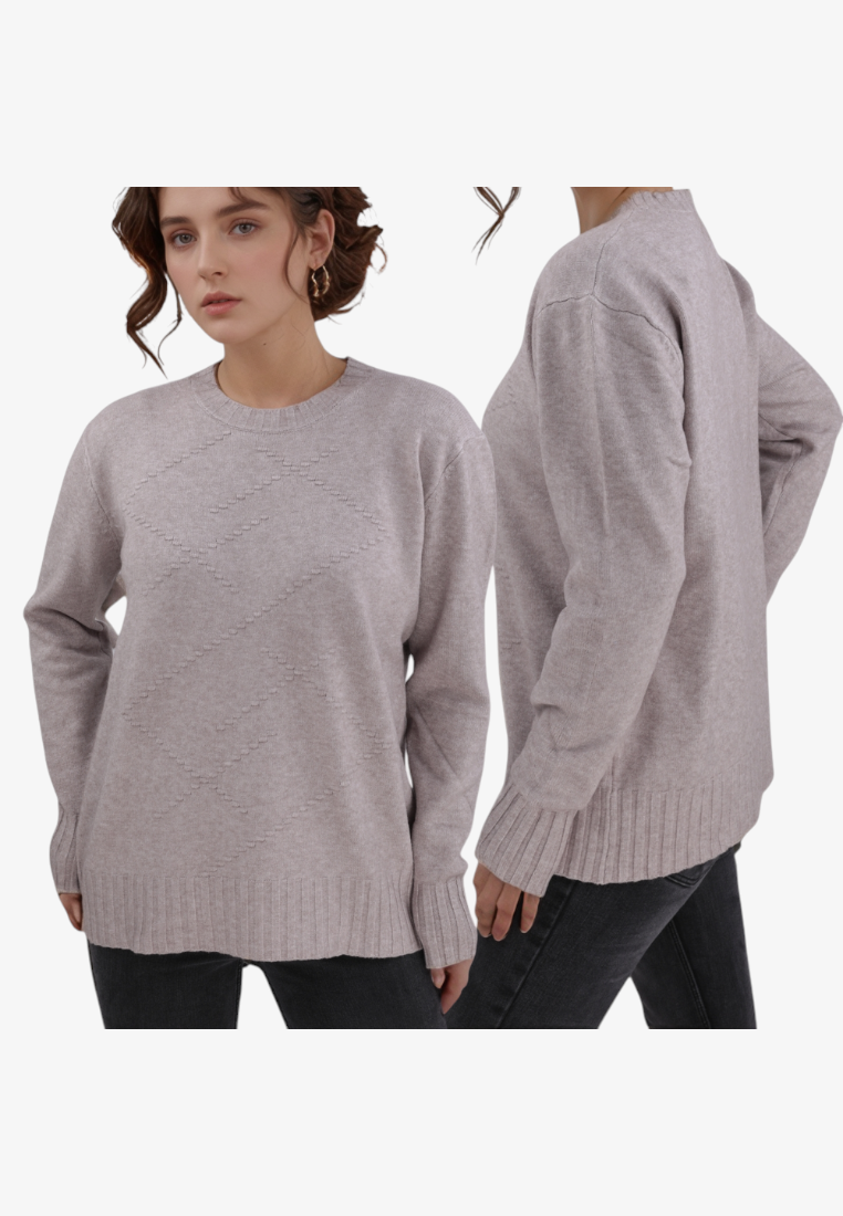 Falio brown wool-blend sweater with crew neck and diamond pattern, worn by a woman with dark hair.