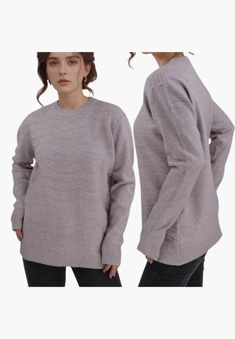 Falio brown wool-blend sweater with a round neckline and textured wavy pattern worn by a model, front and side view