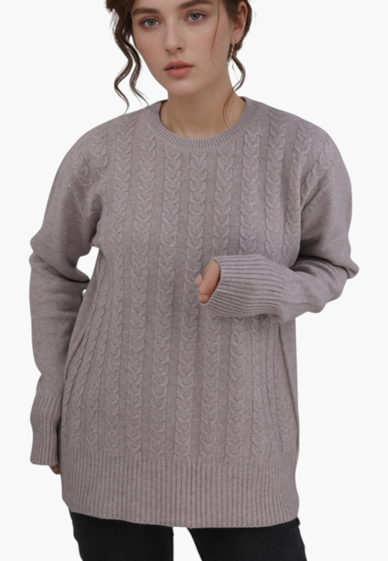 Falio brown wool and cashmere blend cable knit sweater with a round neckline worn by a woman