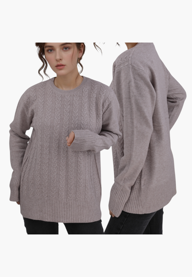 Falio brown wool and cashmere blend cable knit sweater with a round neckline worn by a model