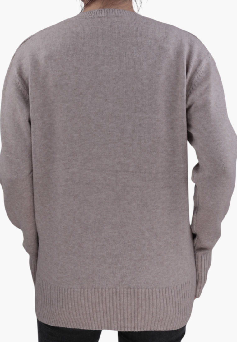 Falio brown wool and cashmere blend sweater with a round neckline, shown from the back on a model.