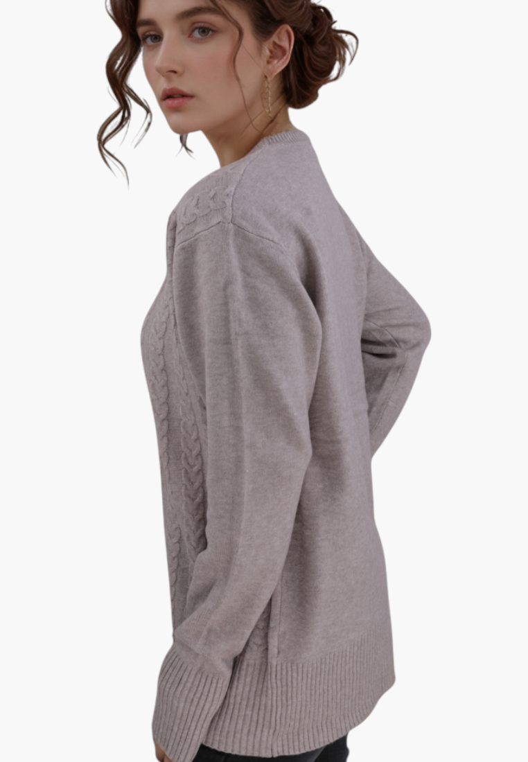 Falio brown wool and cashmere blend sweater with a round neckline and cable knit details worn by a woman