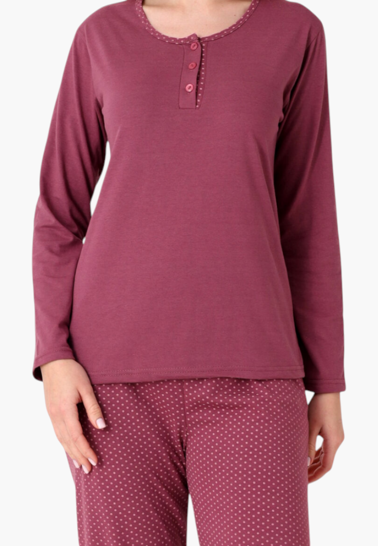 Falio women's insulated cotton pajama set in burgundy with a button-down round neckline and polka dot pattern