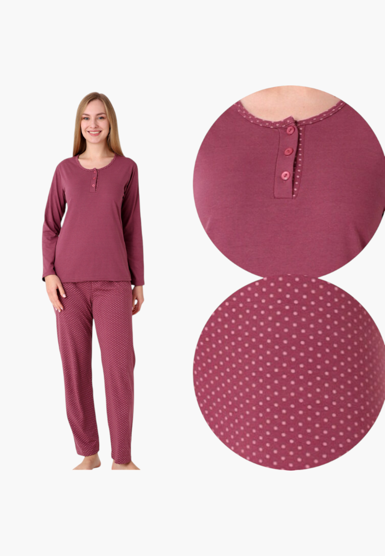 Falio women's insulated cotton pajama set in burgundy with a polka dot pattern, long sleeves, and button placket.