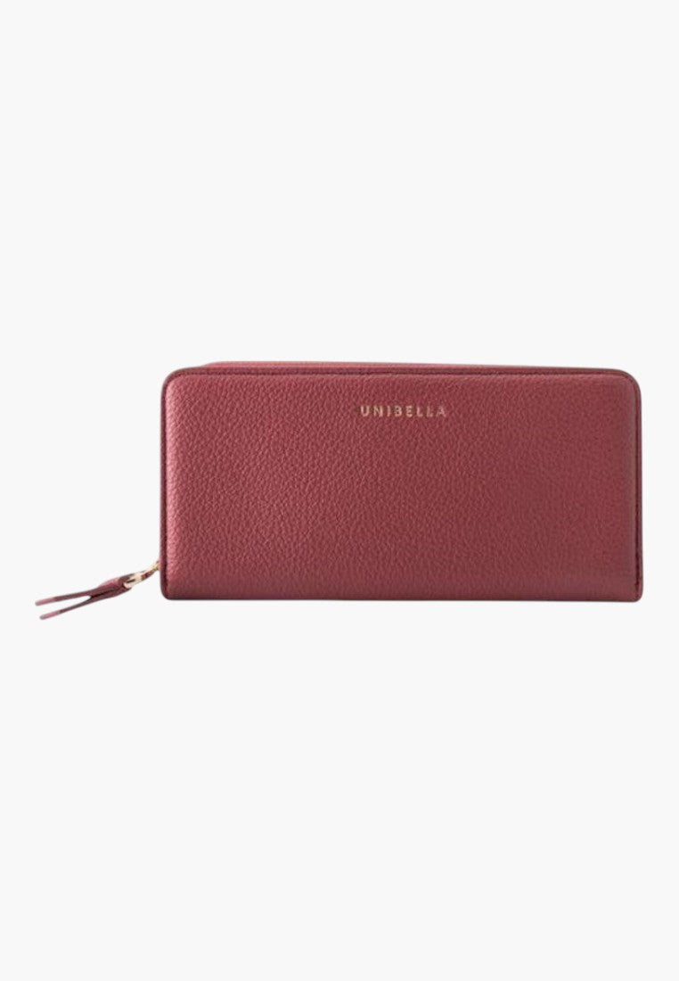 Falio women's horizontal wallet in burgundy faux leather with a zip closure and gold branding