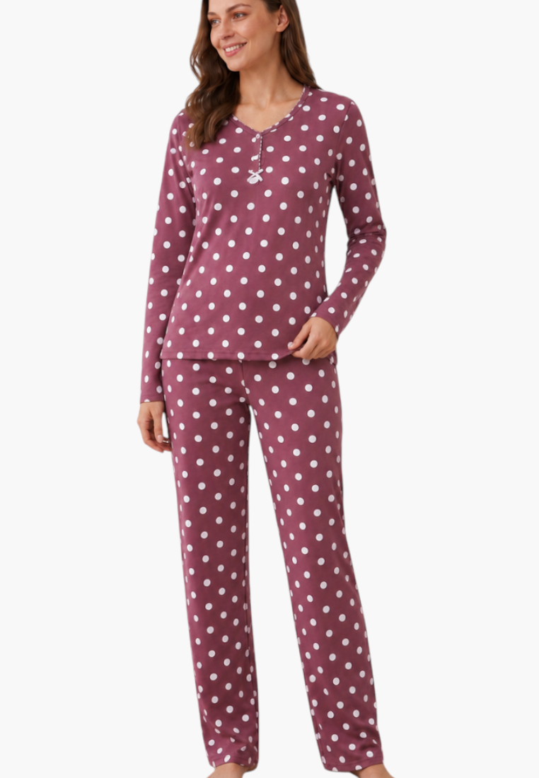 Falio women's insulated cotton pajama set in burgundy with white polka dots, featuring long sleeves and round neck.