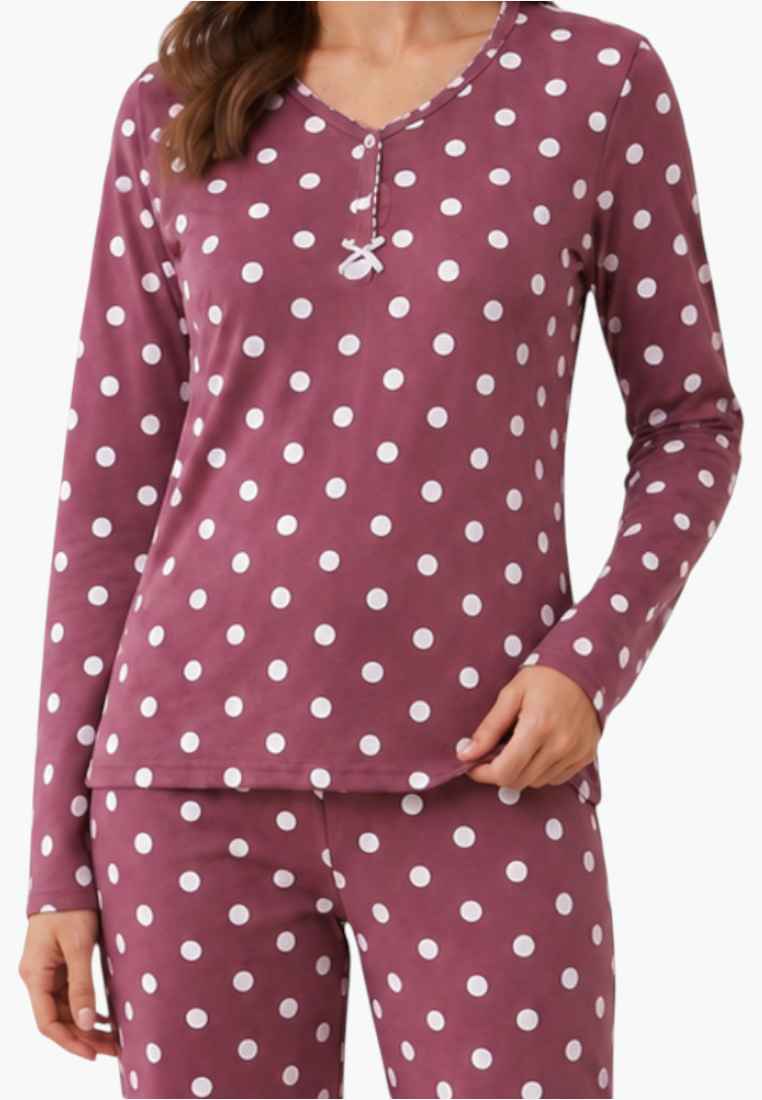 Falio women's insulated cotton pajama set in burgundy with white polka dots, long sleeves, and round neckline.