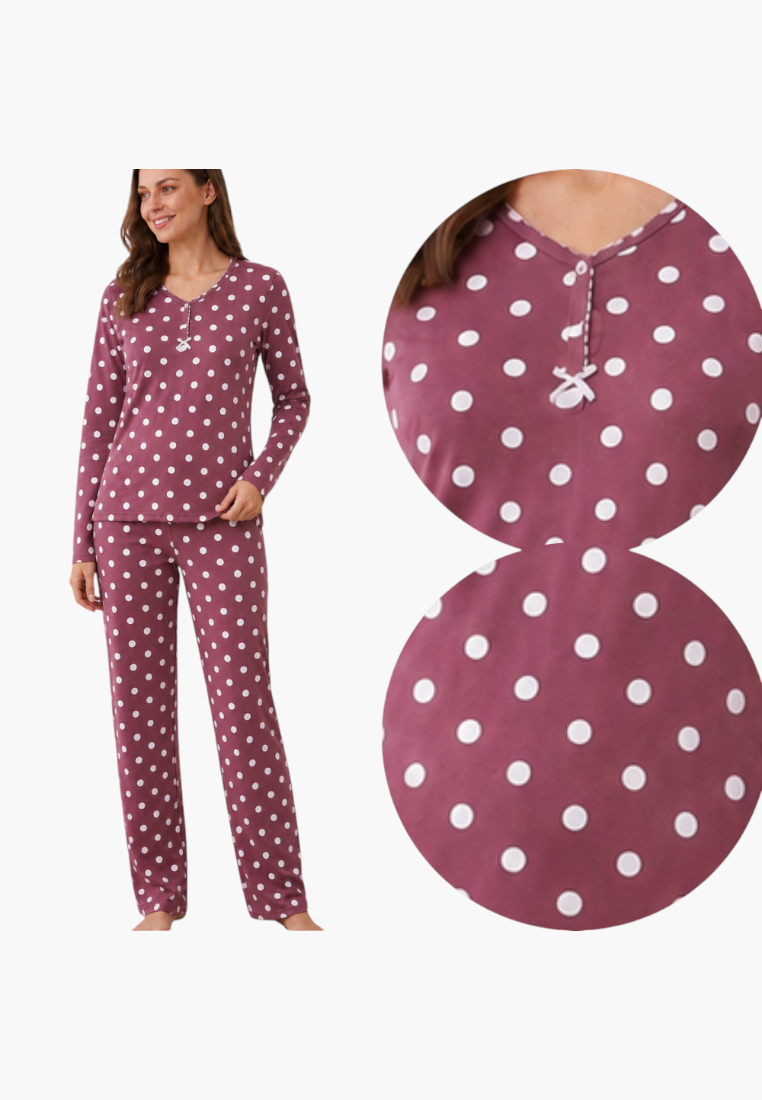 Falio women's insulated cotton pajama set in burgundy with white polka dots, featuring a round neckline and long sleeves