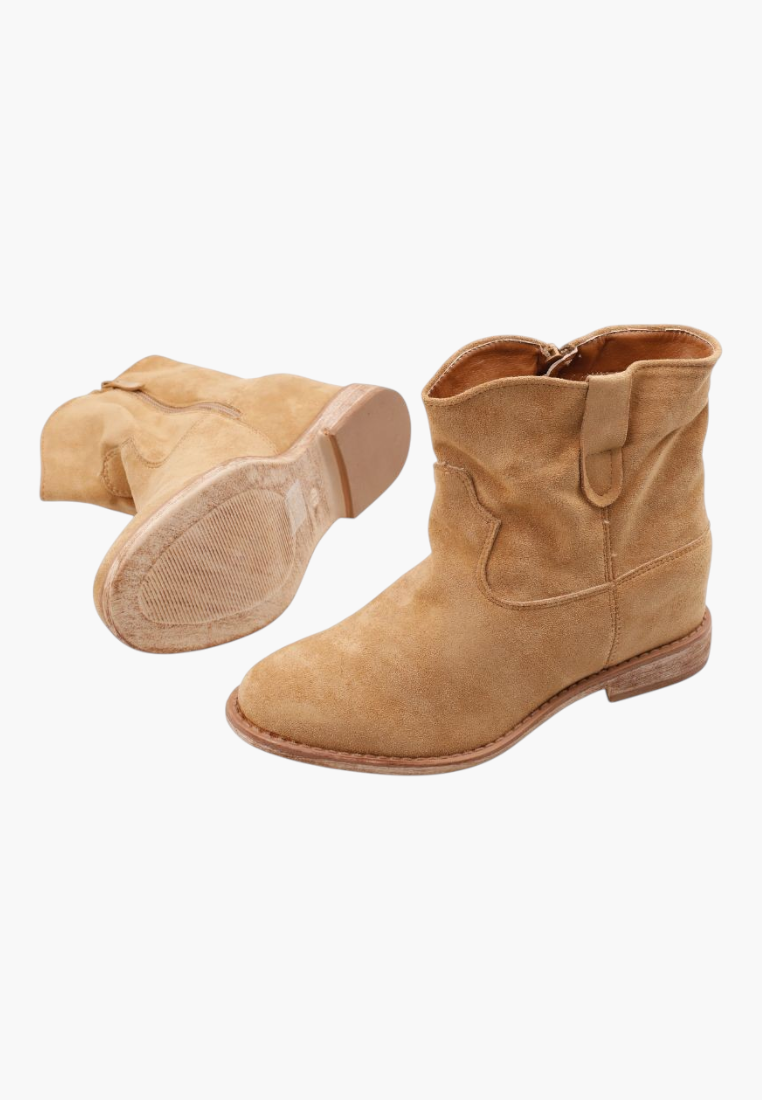 Falio camel faux suede ankle boots with round toe and side zipper closure for women