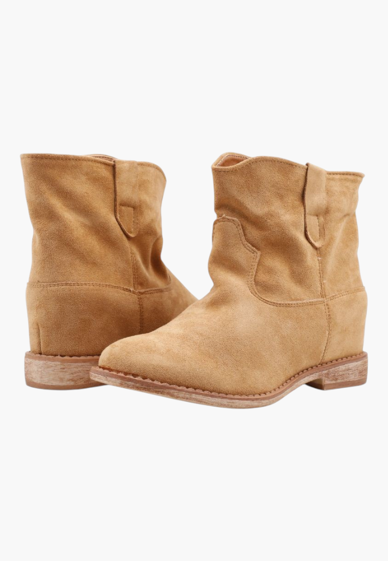 Falio camel faux suede ankle boots with a round toe and low heel for women